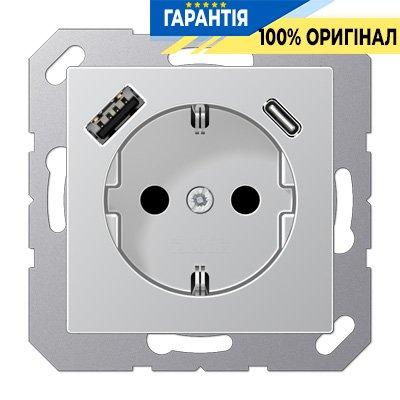 Розетка SCHUKO із USB тип AC, Jung арт. A1520-15CAAL, алюміній