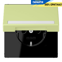 Розетка з заземленням JUNG LC1520BFNAKL222 250V 16A з кришкою, шторками та полем для напису, пружинний затиск, vert jaune clair