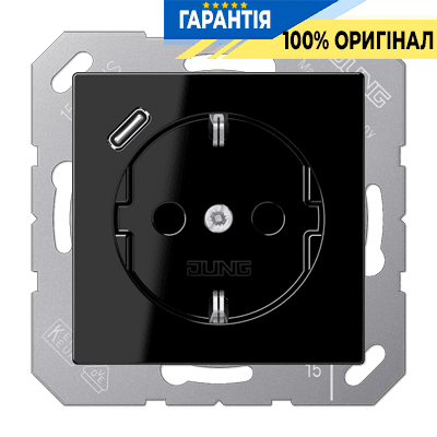 Розетка SCHUKO з USB тип C, JUNG A1520-18CSW, чорного кольору