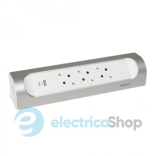 Подовжувач КУТОВИЙ 3х2К+З розетки 16 А, з USB A+C, без кабеля, алюміній, фарбований в колір Білий