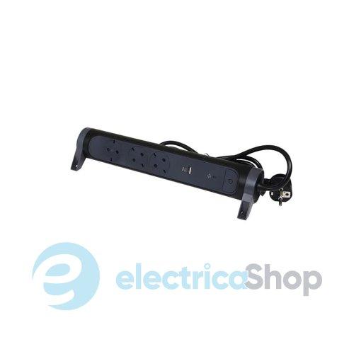 Подовжувач ПРЕМІУМ 3х2К+З розетки 16 А з USB A+C, із ПЗІП, з кабелем 1,5 м, колір Чорний