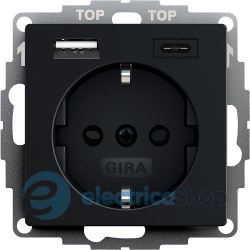 Розетка із захистом та USB Тип A/C, System 55 Gira 2459005 чорний матовий