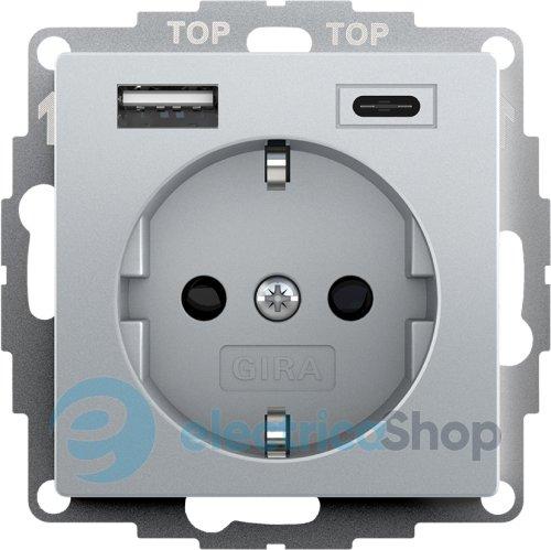 Розетка із захистом та USB Тип A/C, System 55 Gira 245926 під алюміній