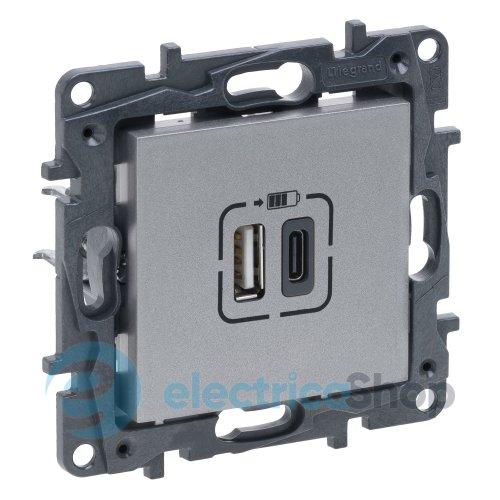 Розетка USB Тип А+C 12Вт+15Вт 5 В Legrand NILOE STEP 863340 колір алюміній