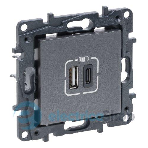 Розетка USB Тип А+C 12Вт+15Вт 5 В Legrand NILOE STEP 863440 колір cталь