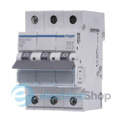 Автоматичний вимикач 3-п, 0.5A, C, 6kA, Hager MCN300