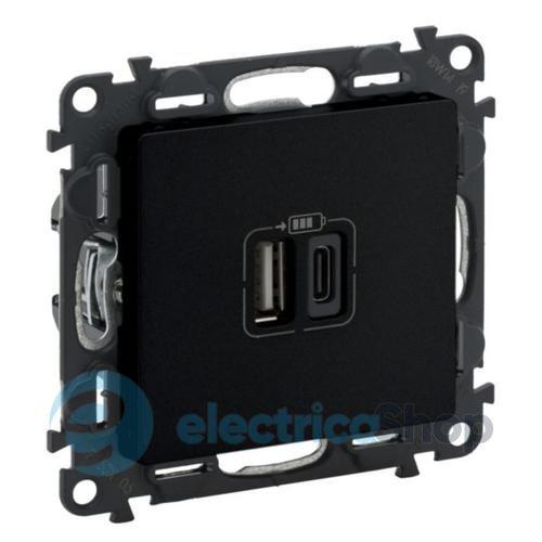 Розетка з двома USB-роз'ємами тип A + тип C 240V/5V 3000мА Legrand Valena Life Black 756306 чорний матовий