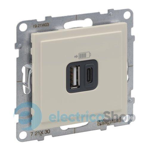 Розетка для заряджання USB А+C 12Вт+15Вт/5V для серії SUNO Legrand 721230 слонова кістка