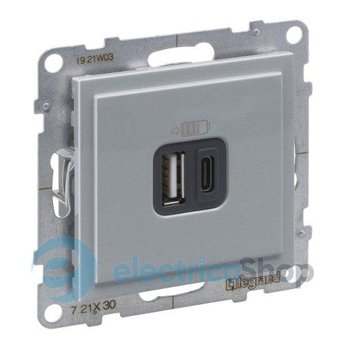 Розетка для заряджання USB А+C 12Вт+15Вт/5V для серії SUNO Legrand 721330 алюміній
