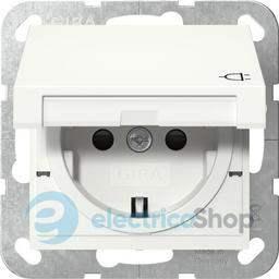 Розетка з з/к та кришкою, шторки, System 55 Gira 441403, білий глянцевий