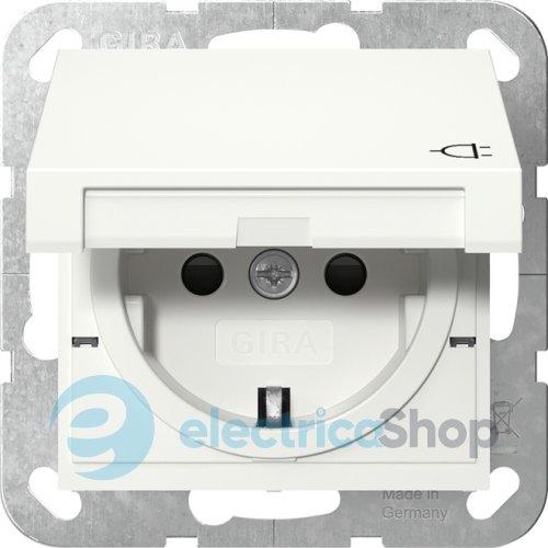 Розетка з з/к та кришкою, шторки, System 55 Gira 441403, білий глянцевий