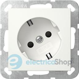 Розетка із з/к та шторками, вихід з поворотом на 30°, 16А/250V, без розпірних лапок, System 55 Gira 441827, білий матовий