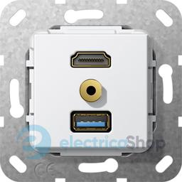 HDMI, USB30 A, Mіні джек 3,5мм перехідник/розгал кабель Gira 568003, білий глянцевий