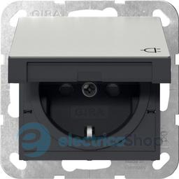 Розетка з з/к та кришкою, шторки, System 55 Gira 4414600, сталь