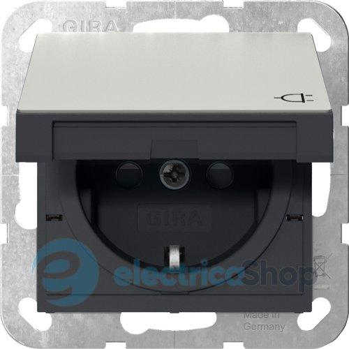 Розетка з з/к та кришкою, шторки, System 55 Gira 4414600, сталь