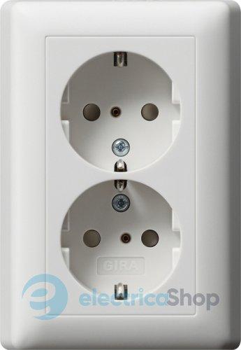 Розетка 2-а, з/к, зі шторками 250V/16А, автомат. клеми, IP20 компактна з рамкою Standard 55 Gira 078327, білий матовий