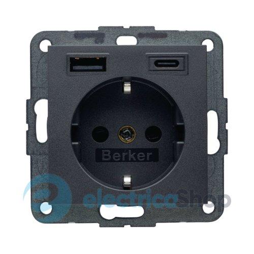 Розетка із з/к + USB A/C 20W PD S.1/B.3 Berker 48141606, антрацит