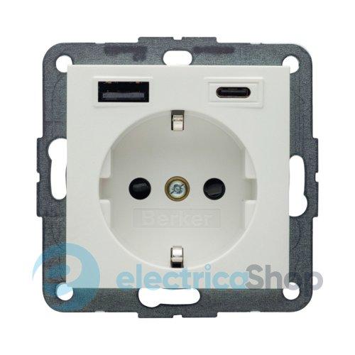 Розетка із з/к + USB A/C 20W PD S.1/B.3 Berker 48141909, полярна білизна матова