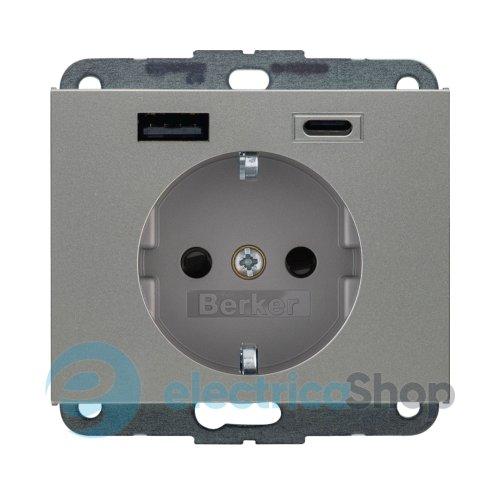 Розетка із з/к + USB A/C 20W PD K.x Berker 48147004, нержавіюча сталь