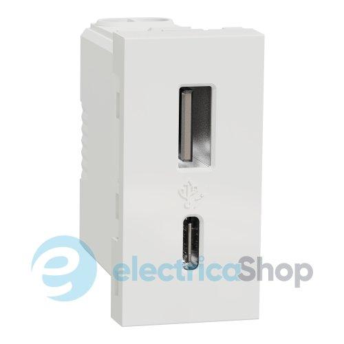 Розетка USB тип A+C, 12 Вт, 1 модуль, New Unica NU301618 (Schneider Electric) біла