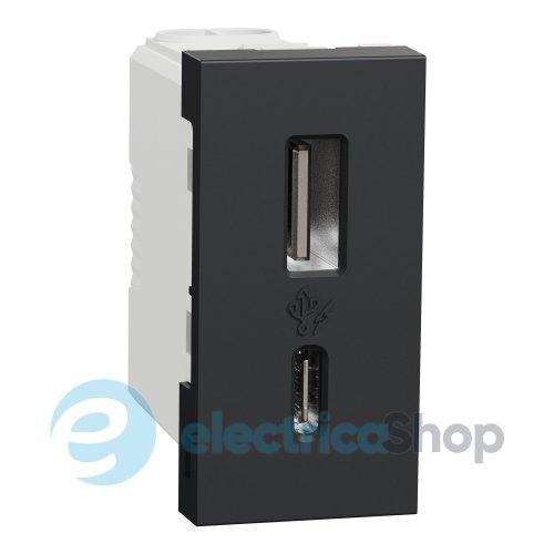 Розетка USB тип A+C, 12 Вт, 1 модуль, New Unica NU301654 (Schneider Electric) (антрацит)
