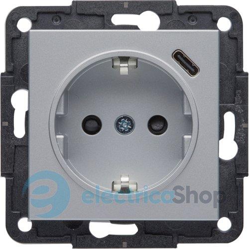 Розетка із з/к та USB-роз’ємом типу C (5V, 2.4A, 12Вт) Hager Lumina WL4852 срібло