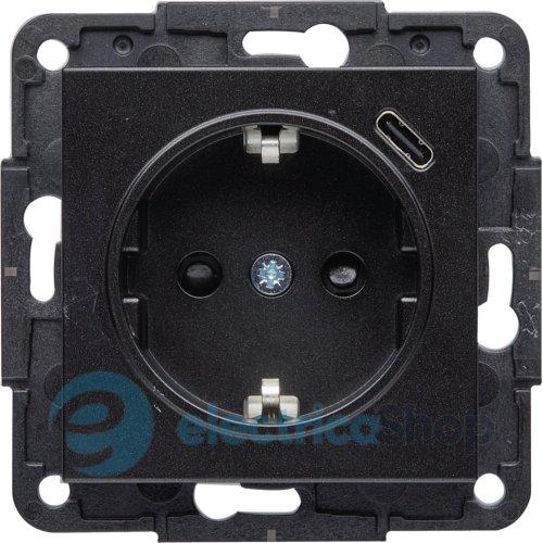 Розетка із з/к та USB-роз’ємом типу C (5V, 2.4A, 12Вт) Hager Lumina WL4853 чорний