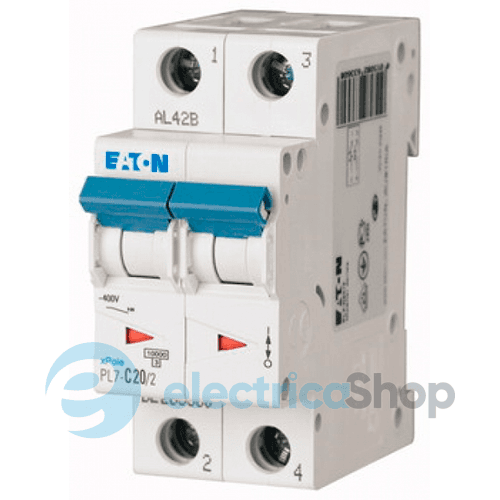 Автоматичний вимикач Eaton PL7, 2 полюси 20 Ампер тип D, 10kA