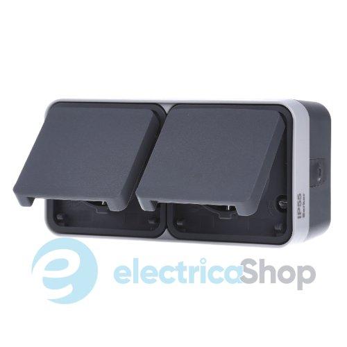 Розетка з з/к подвійна горизонтальна, поле д/напису, IP55, сіра, 16А/250В W.1