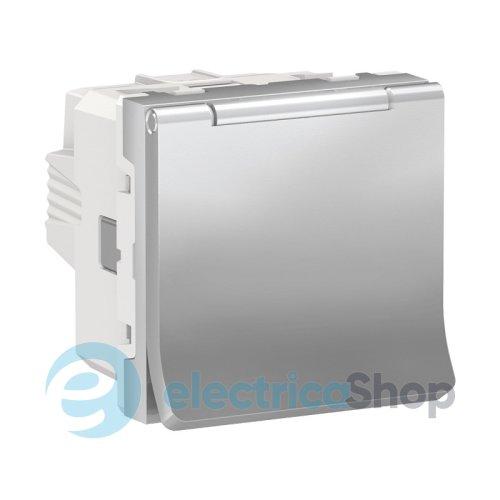 Розетка із заземлен., з шторками, з кришкою, 16 А, 250 В, IP40, Unica New алюміній