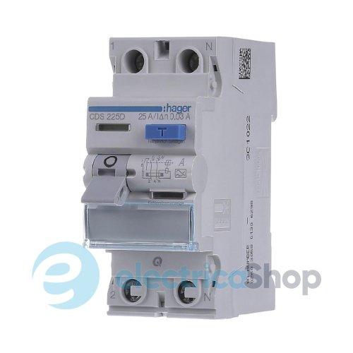 Диференційне реле 2P, 63А, 30mA, A, Quick Connect, Hager CDS263D