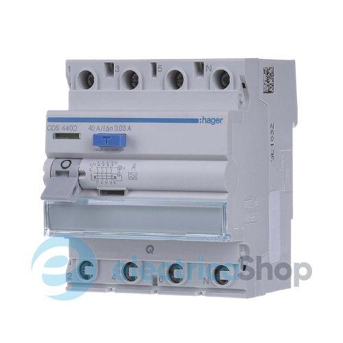 Диференційне реле 4P, 40А, 30mA, A, Quick Connect, Hager CDS440D