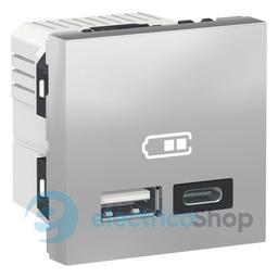 Розетка USB тип A+C, 12 Вт, 2 модулі, New Unica NU301830 (Schneider Electric) алюміній
