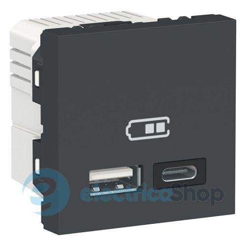Розетка USB тип A+C, 12 Вт, 2 модулі, New Unica NU301854 (Schneider Electric) антрацит