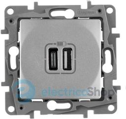Розетка з двома USB-роз'ємами тип A + тип C 240V/5V 3000мА Legrand Etika 672436, колір алюміній