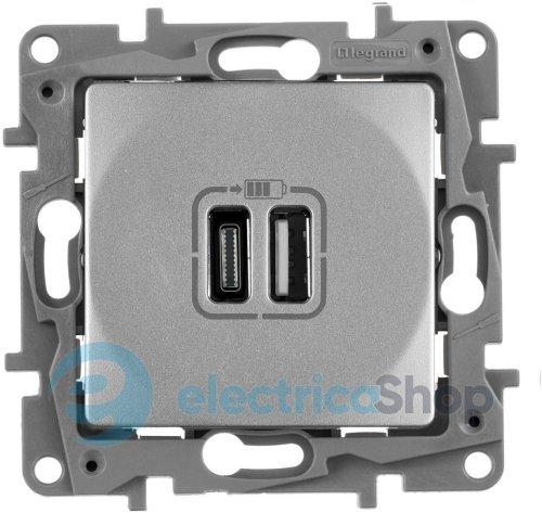 Розетка з двома USB-роз'ємами тип A + тип C 240V/5V 3000мА Legrand Etika 672436, колір алюміній