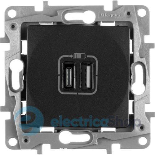 Розетка з двома USB-роз'ємами тип A + тип C 240V/5V 3000мА Legrand Etika 672636, колір антрацит