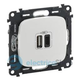 Розетка з двома USB-роз'ємами тип A + тип C 240V/5V 3000мА Legrand Valena Allure 754965, колір білий
