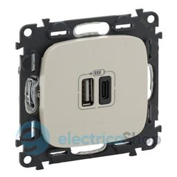 Розетка з двома USB-роз'ємами тип A + тип C 240V/5V 3000мА Legrand Valena Allure 754966, колір слонова кістка