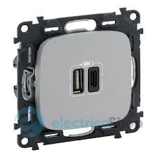 Розетка з двома USB-роз'ємами тип A + тип C 240V/5V 3000мА Legrand Valena Allure 754967, колір алюміній