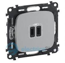 Розетка з двома USB-роз'ємами тип C + тип C 240V/5V 3000мА Legrand Valena Allure 755347, колір алюміній