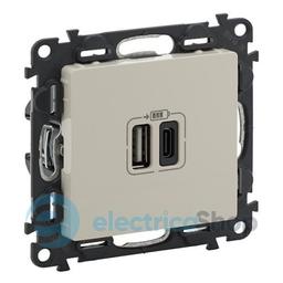 Розетка з двома USB-роз'ємами тип A + тип C 240V/5V 3000мА Legrand Valena Life 753206, колір слонова кістка
