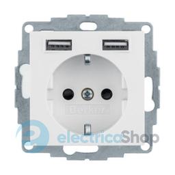 Розетка з з/к 16А/250В + 2хUSB/2.4A, пол.білизна-matt S.1