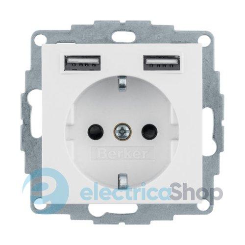 Розетка з з/к 16А/250В + 2хUSB/2.4A, пол.білизна Q.х