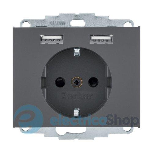 Розетка з з/к 16А/250В + 2хUSB/2.4A, антрацит K.1