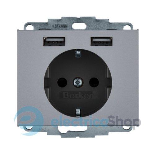 Розетка з з/к 16А/250В + 2хUSB/2.4A, алюміній-лак K.5