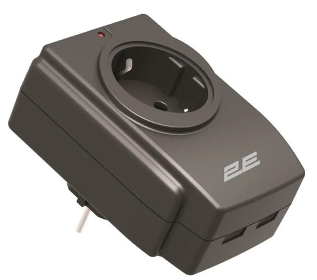 Адаптер мережевий 2E 1xТипF, 16A, 2*USB-A, фільтр, чорний
