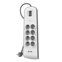 Подовжувач мережевий Belkin 2м, 8хТипF, 16А, 2xUSB-A 2.4A, фільтр, білий