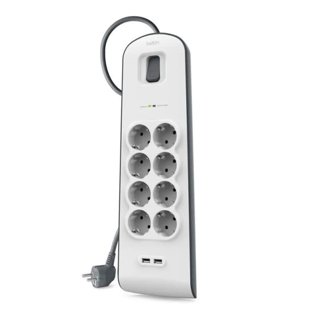 Подовжувач мережевий Belkin 2м, 8хТипF, 16А, 2xUSB-A 2.4A, фільтр, білий