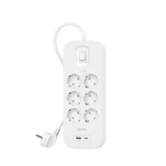 Подовжувач мережевий Belkin 2м, 6хТипF, 16А, USB-A/USB-C 18Вт, фільтр, білий